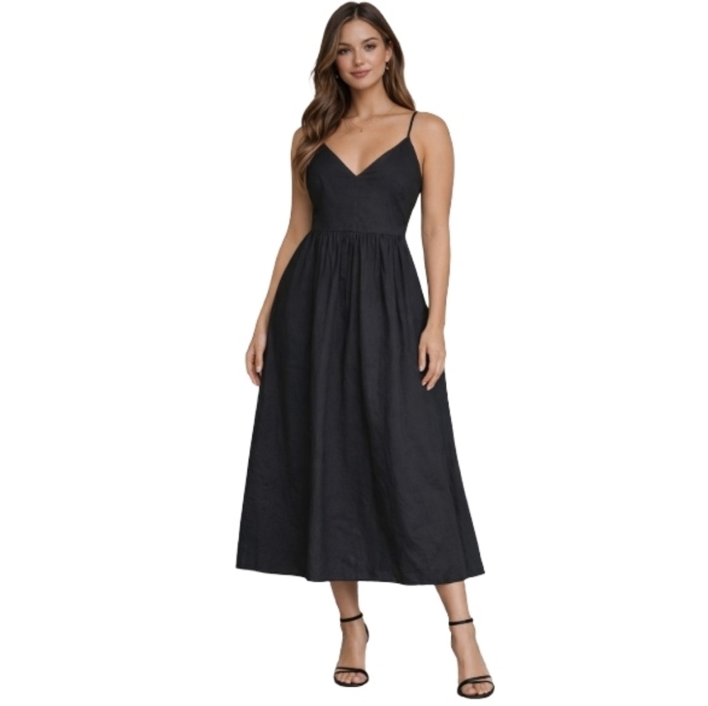 Forever 21 Black‎ Cotton Midi Sundress Spaghetti Strap Fit & Flare Dress Medium